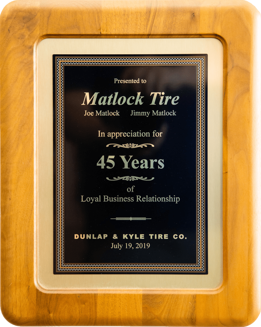 dunlap & kyle tire co award for 45 years
